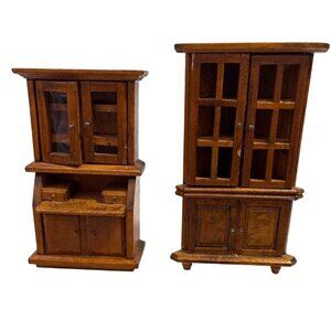 Walnut Wood China Cabinet & Hutch Dollhouse Furniture Vintage Mini Beautiful